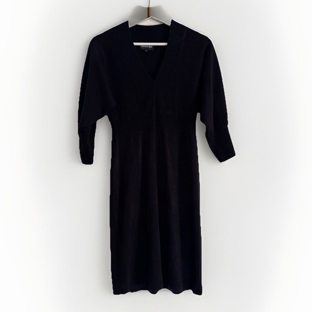 Connected Winter Sweater Dress Sz S Black 3/4 Bell Sleeve Stretch Minimalist